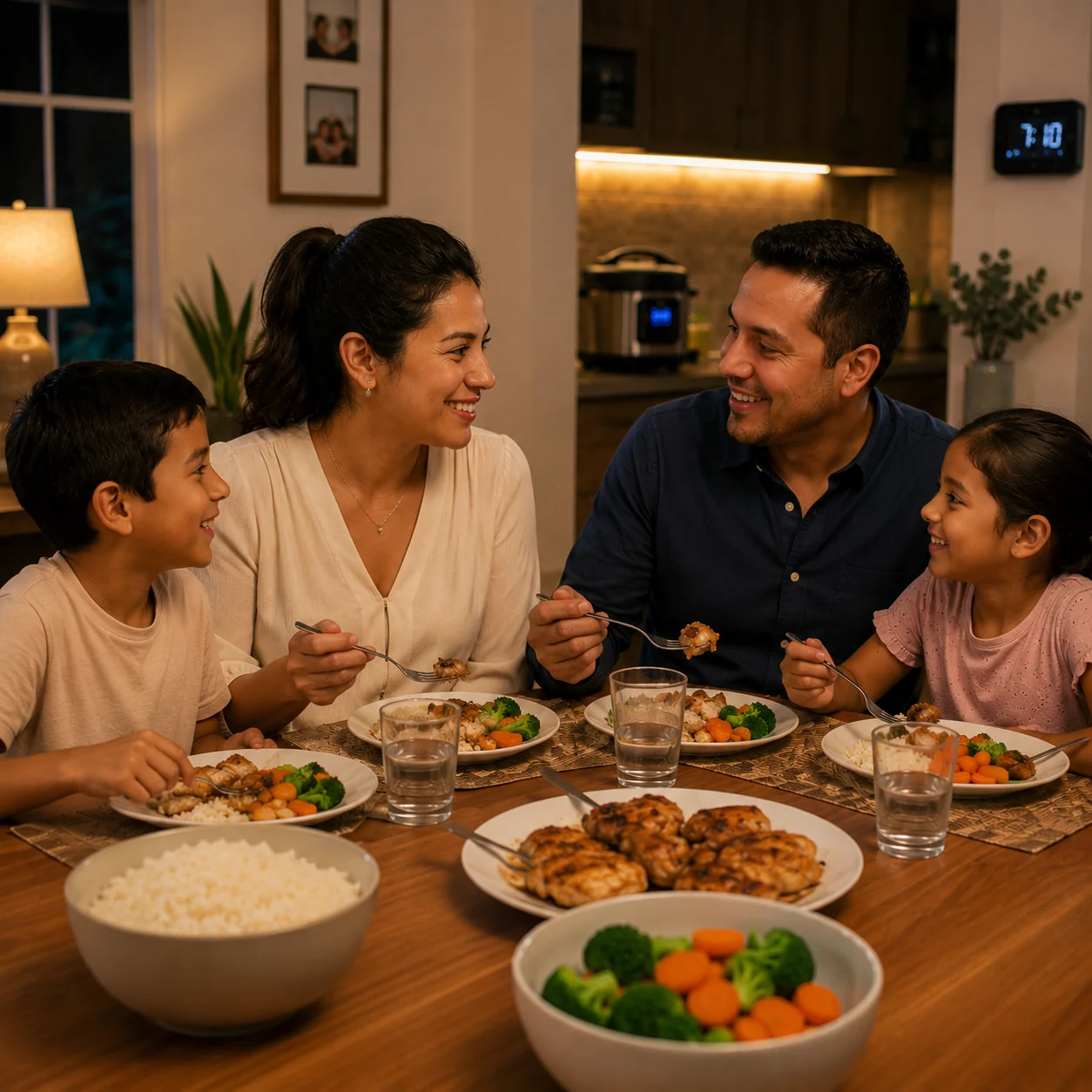 Familia disfrutando una cena casera juntos en la mesa, sonriendo